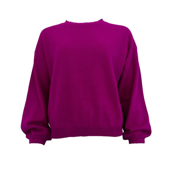 3/4 Puffed Sleeves Round Neck Jumper - fuchsia