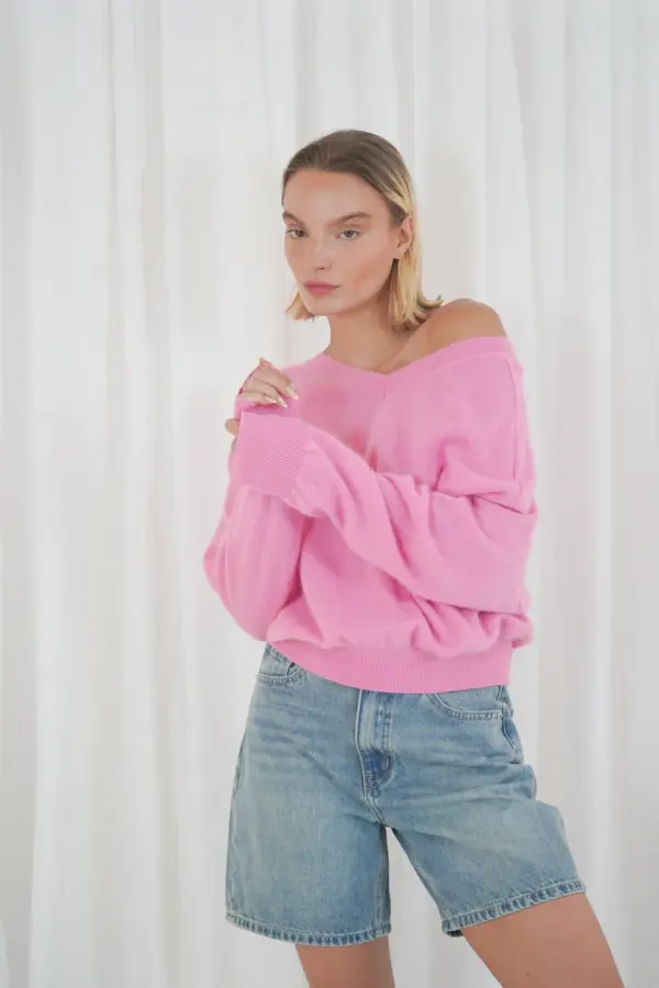 long puffed sleeves boat neck jumper - Licht roze