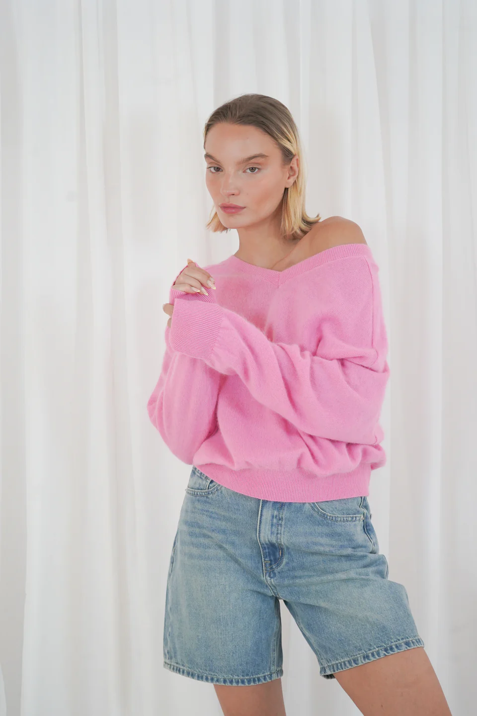 long puffed sleeves boat neck jumper - Licht roze