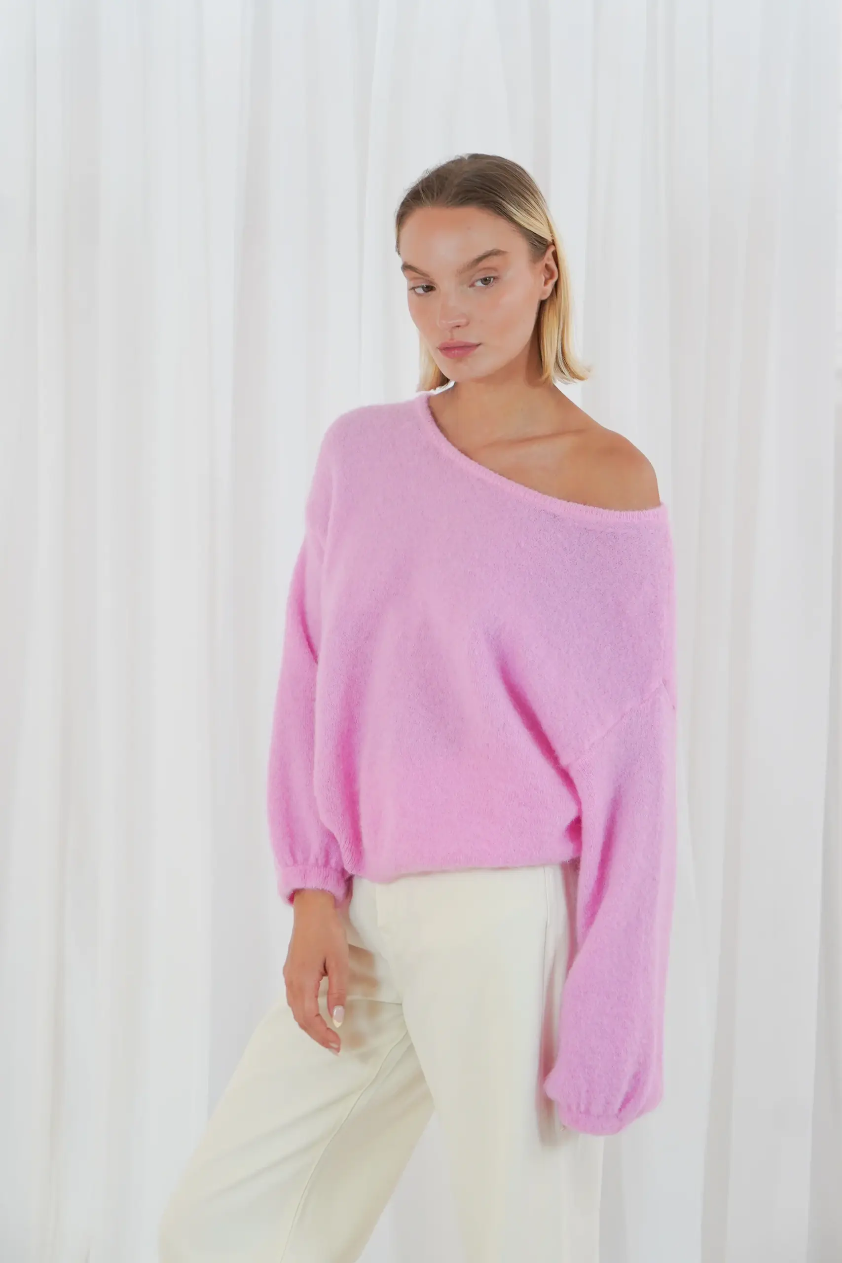 long puffed sleeves boat neck jumper - Licht roze - Afbeelding 2