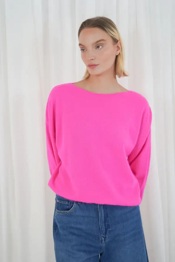 long puffed sleeves boat neck jumper - Roze