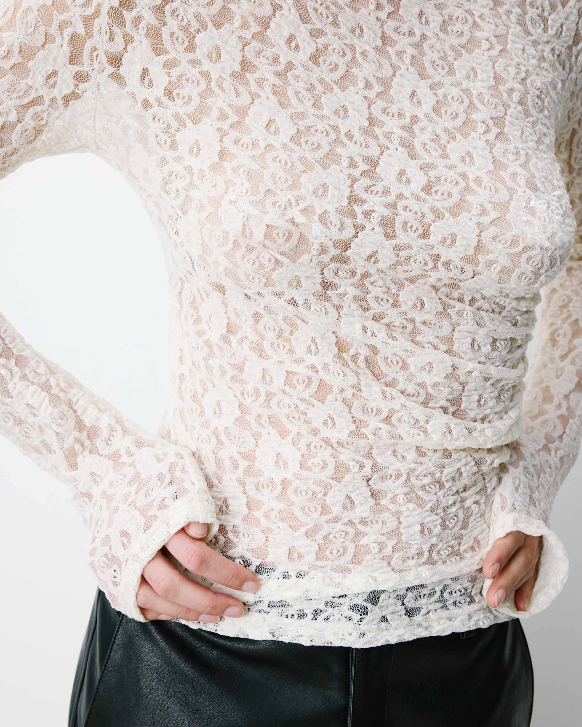 Longsleeve met plooi in taille van kant - Ecru - Afbeelding 3