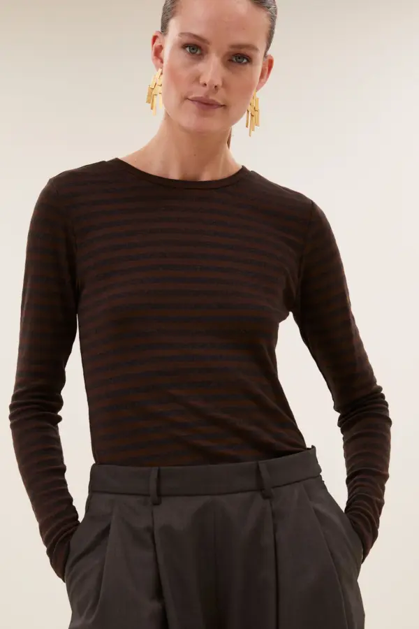 basic ls melange stripe top - coffee bean