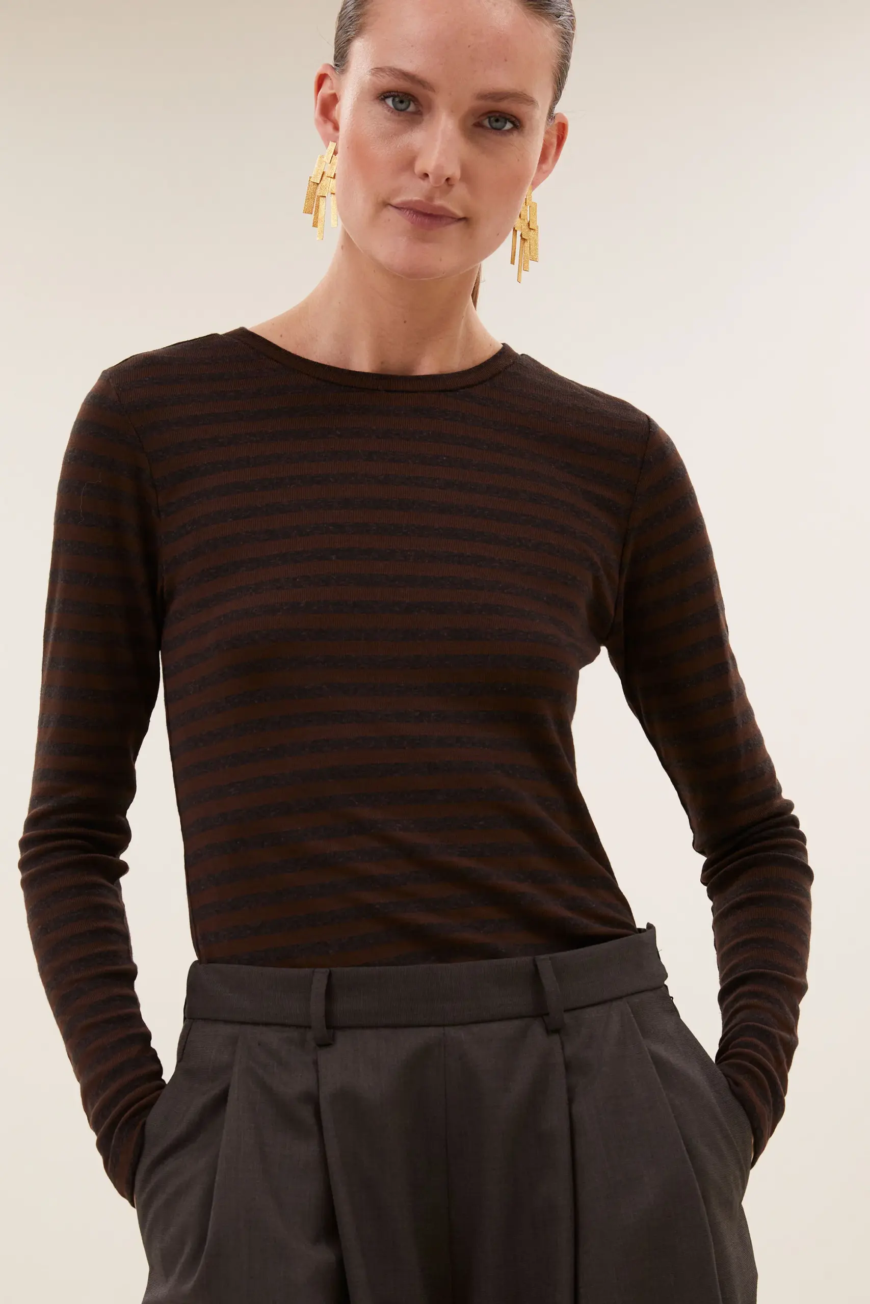 basic ls melange stripe top - coffee bean