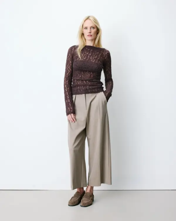 Longsleeve met plooi in taille van kant - Bruin