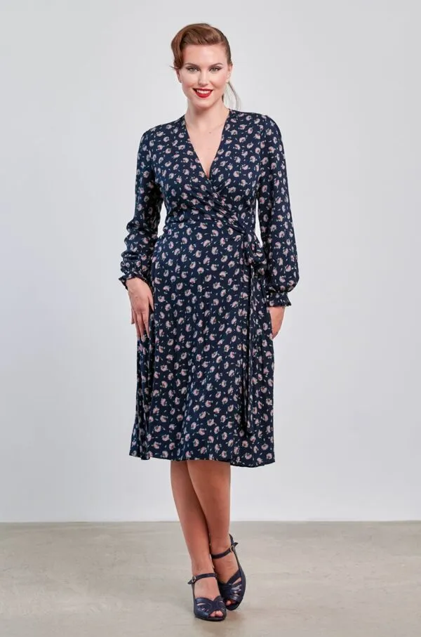 40s Bloom Floral Dress - Navy