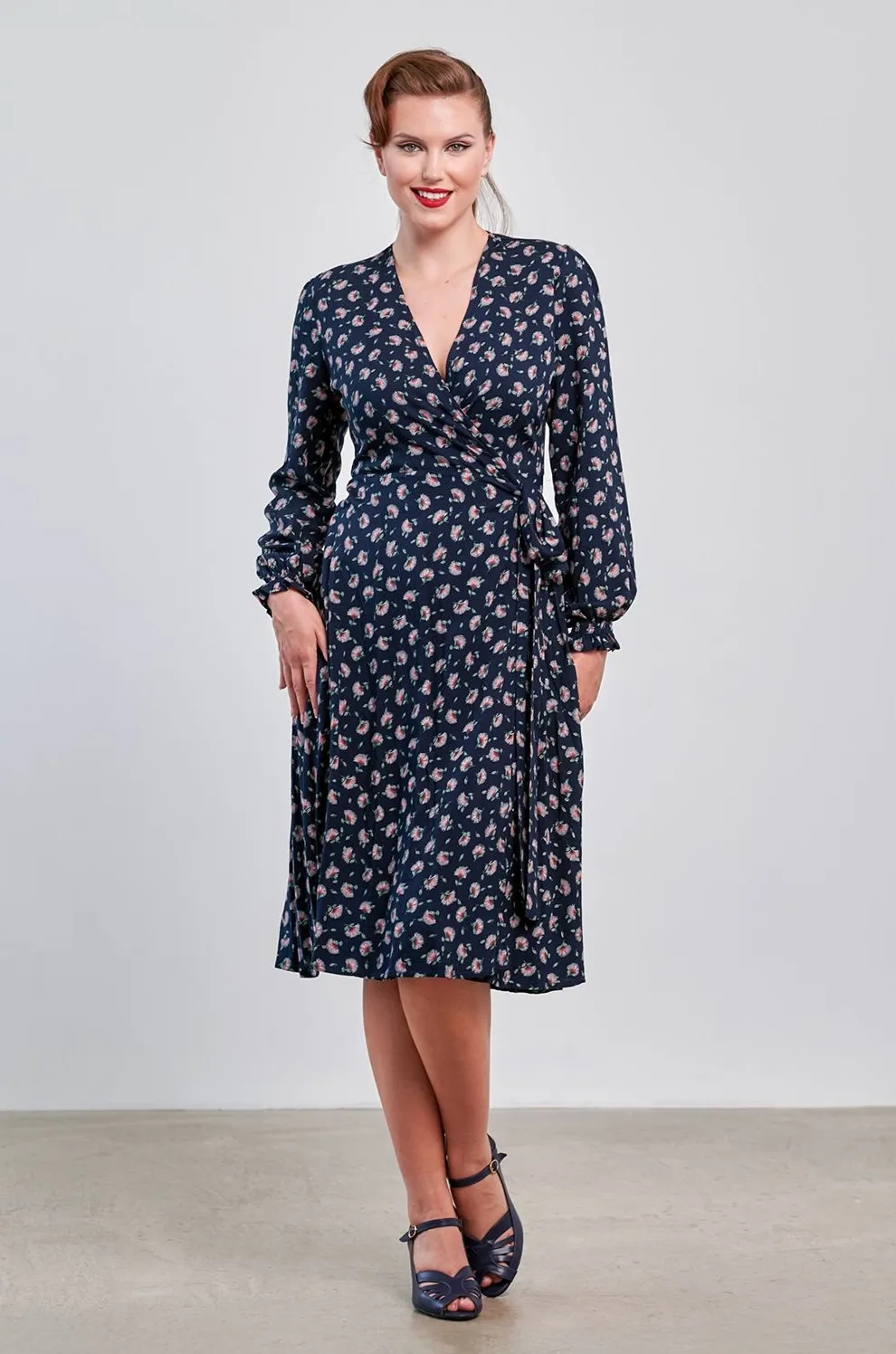 40s Bloom Floral Dress - Navy