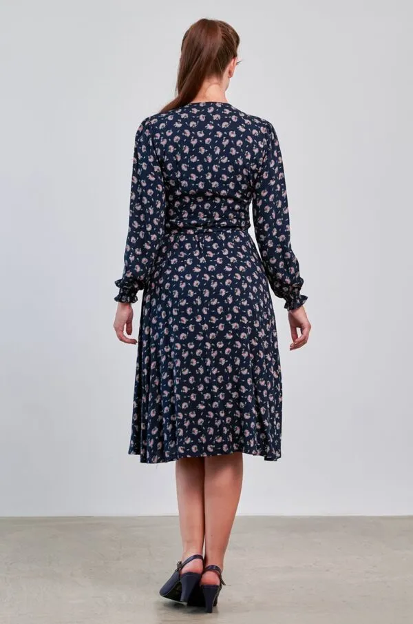 40s Bloom Floral Dress - Navy
