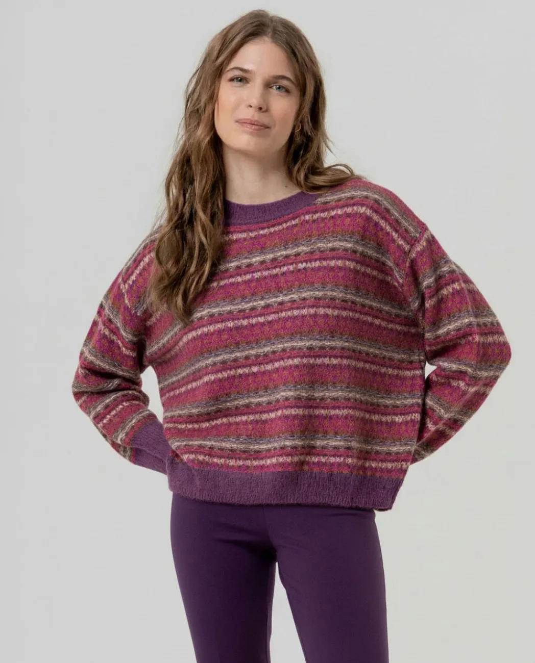 Round Neck Sweater with Jacquard - bordeaux
