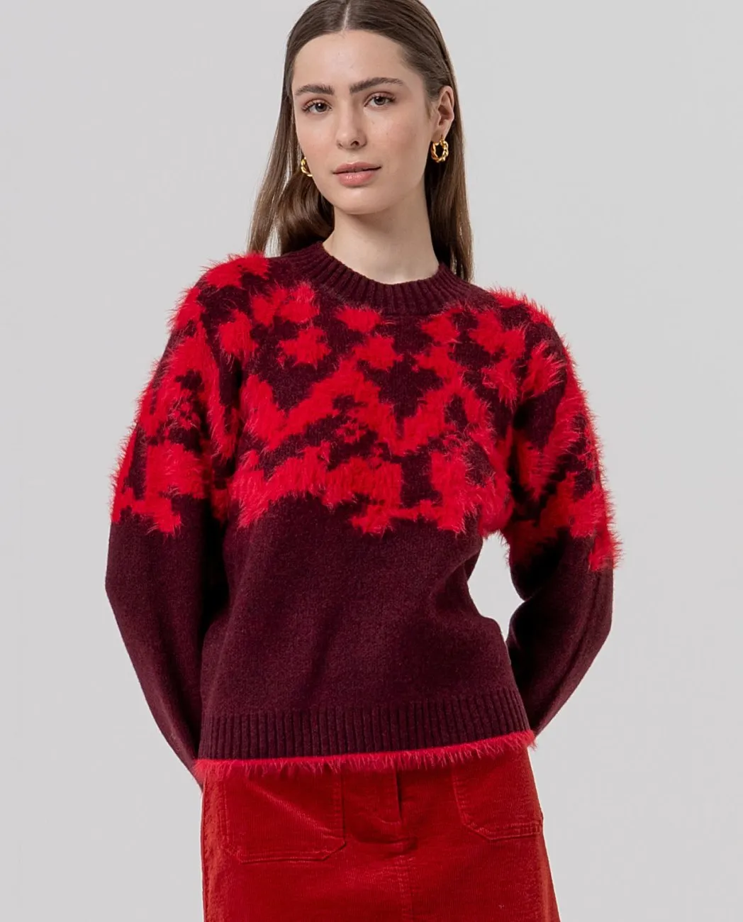 Round Neck Sweater with Jacquard - Maroon