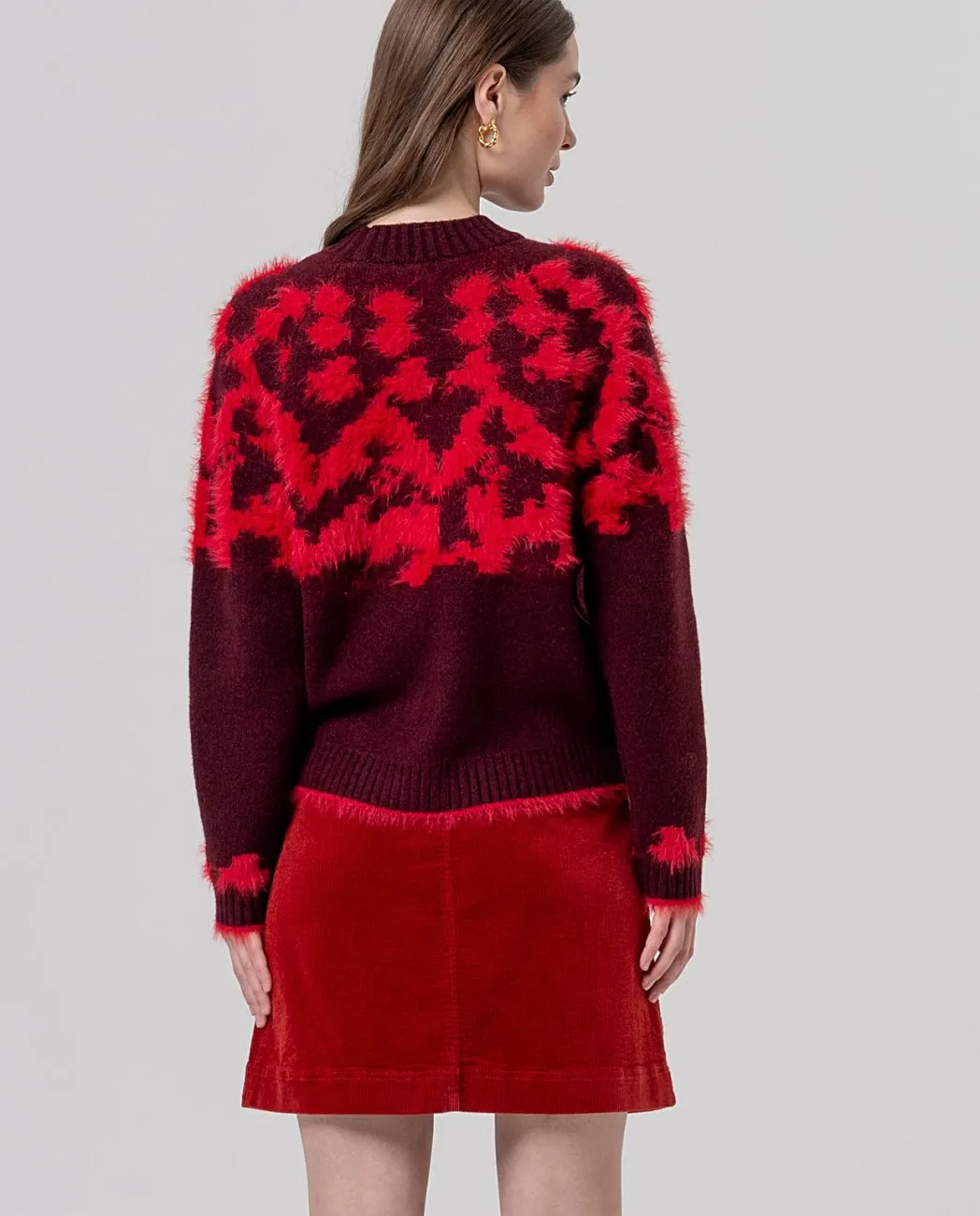 Round Neck Sweater with Jacquard - Maroon - Afbeelding 2