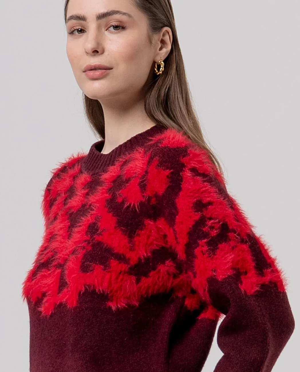 Round Neck Sweater with Jacquard - Maroon - Afbeelding 3