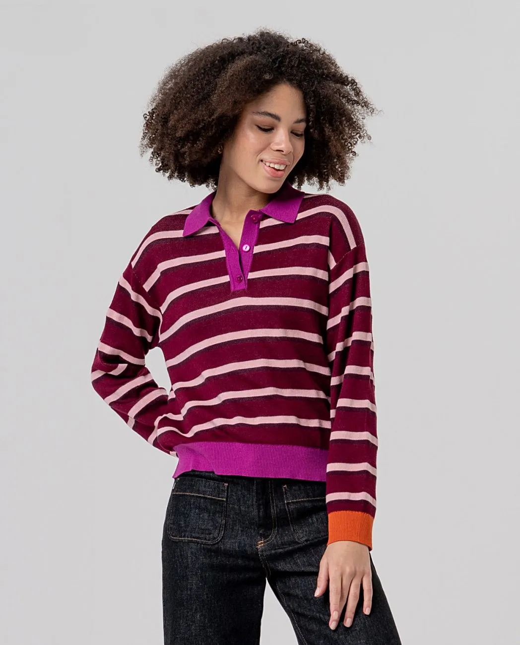 Striped Polo Neck Sweater - Maroon