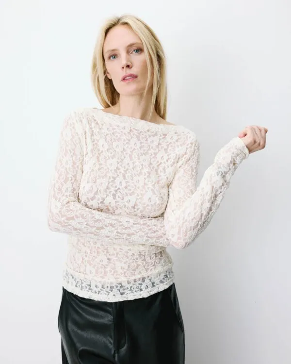 Longsleeve met plooi in taille van kant - Ecru