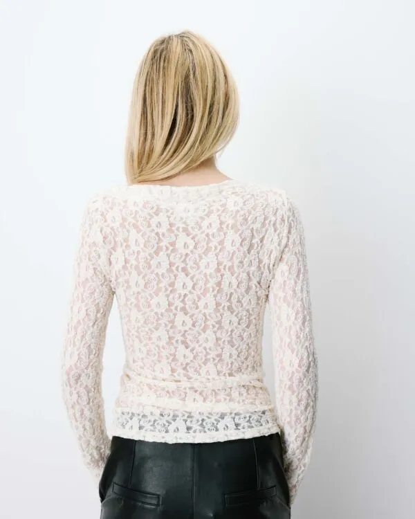 Longsleeve met plooi in taille van kant - Ecru