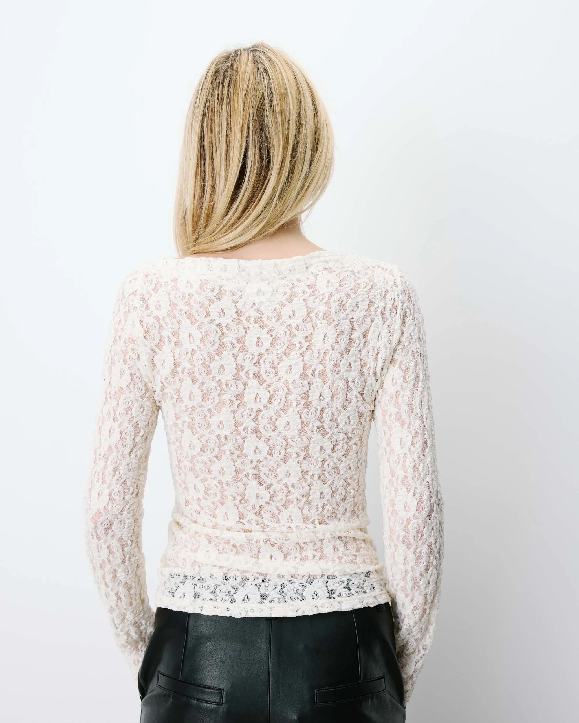 Longsleeve met plooi in taille van kant - Ecru - Afbeelding 2