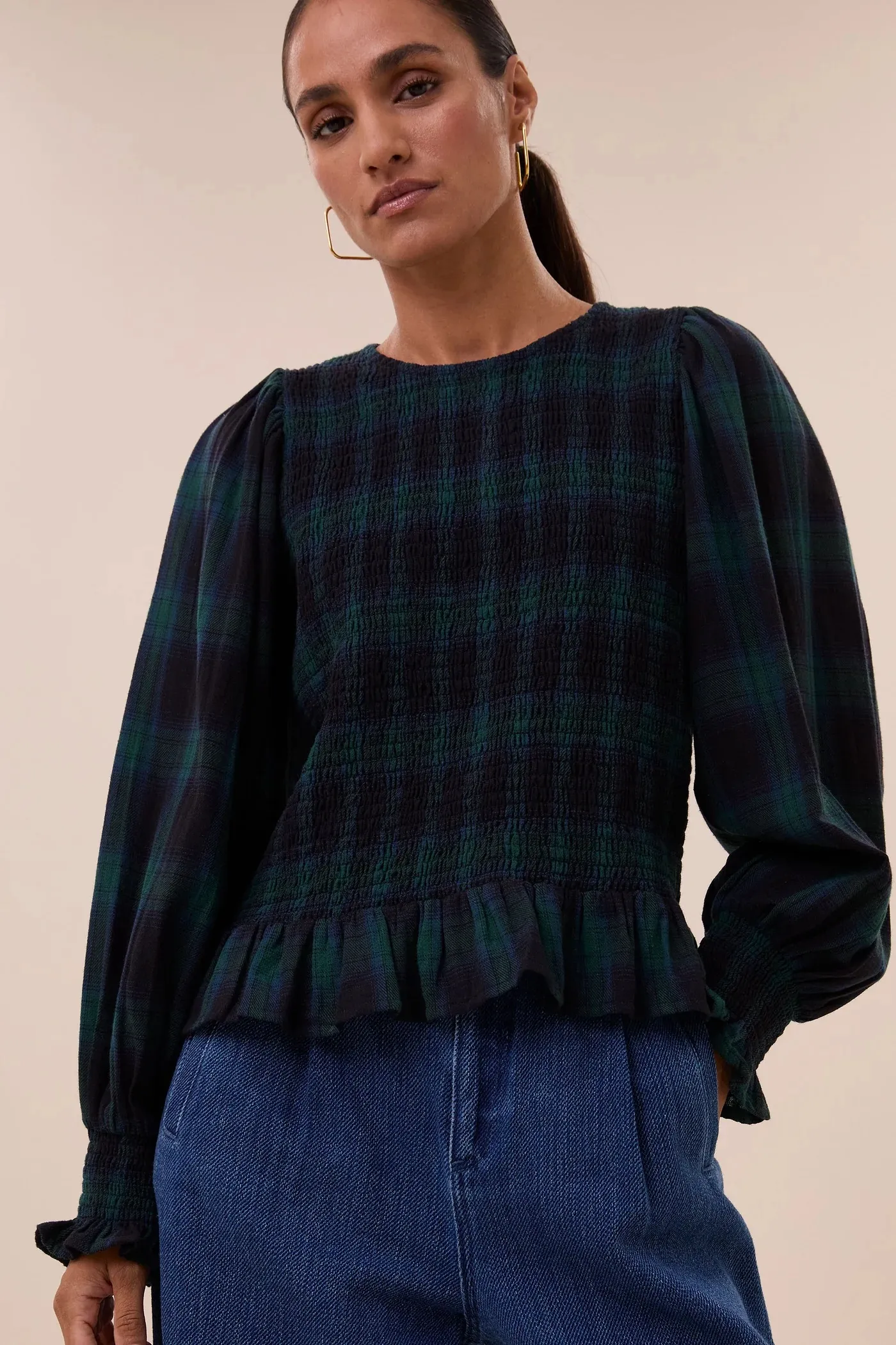 yena green check blouse - green tartan check