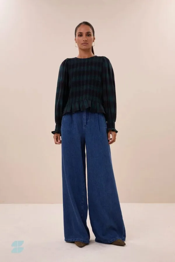 yena green check blouse - green tartan check