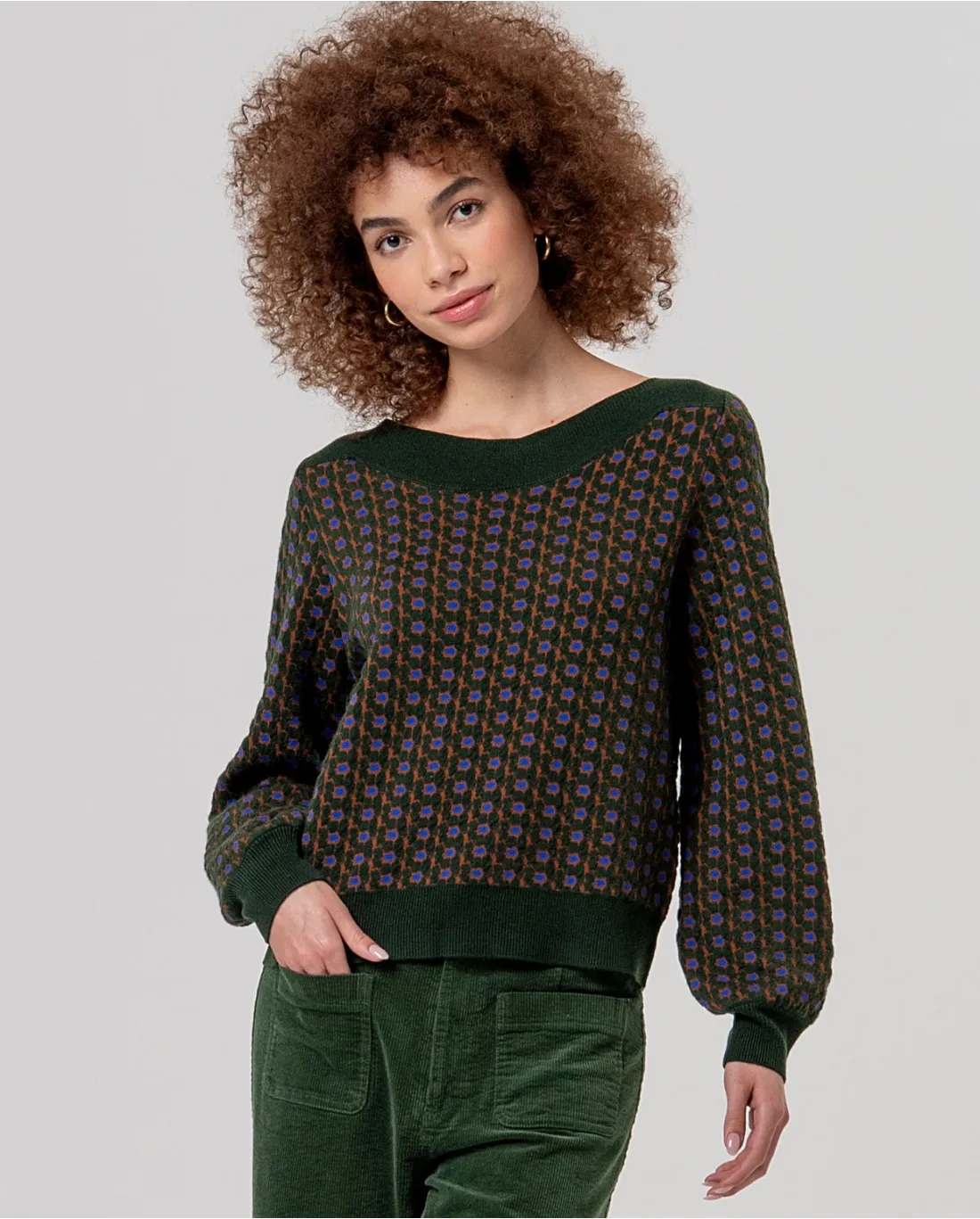 Boat Neckline Sweater with Jacquard - Khaki