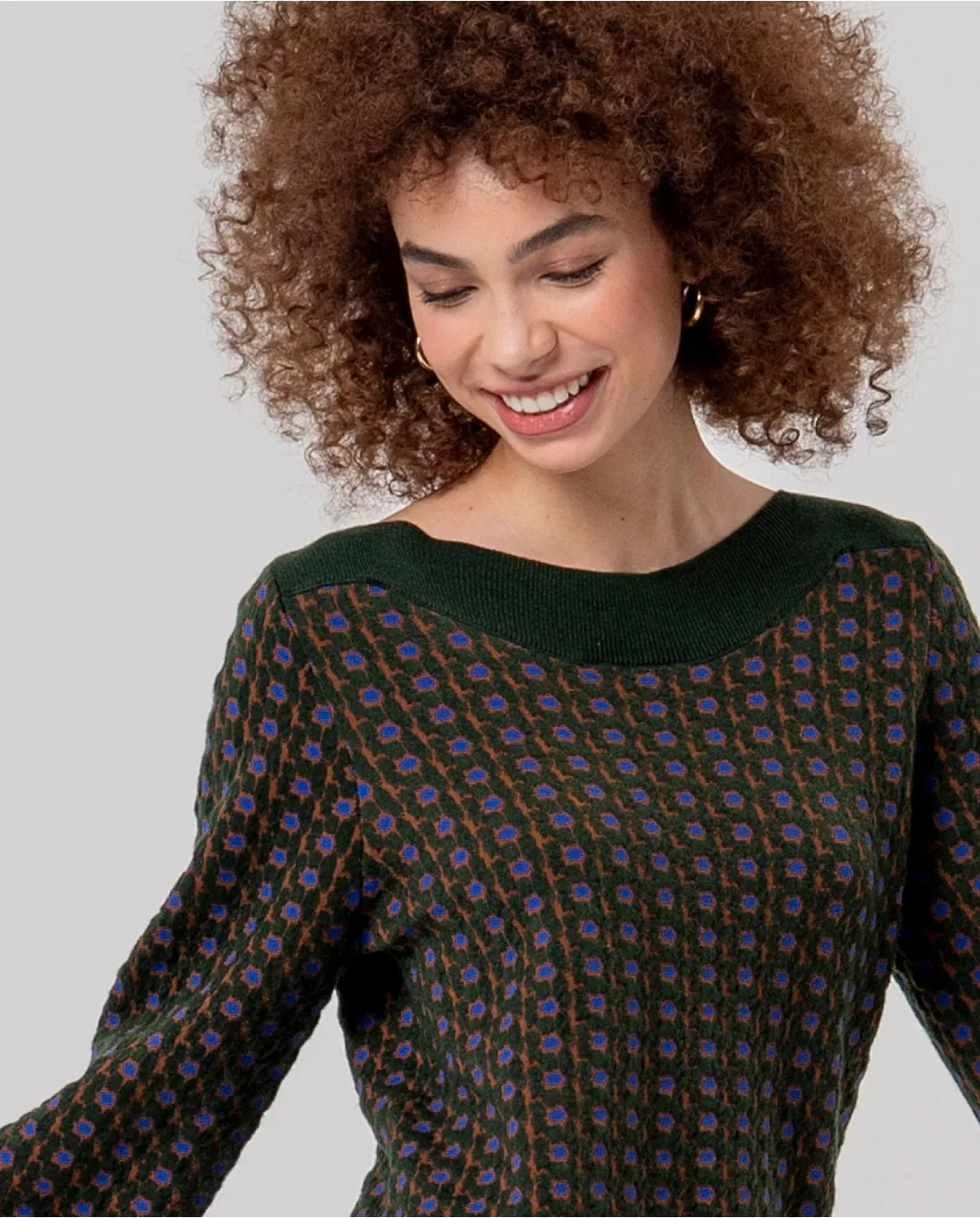 Boat Neckline Sweater with Jacquard - Khaki - Afbeelding 3