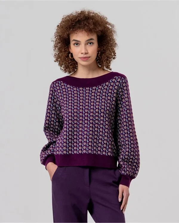 Boat Neckline Sweater with Jacquard - Paars