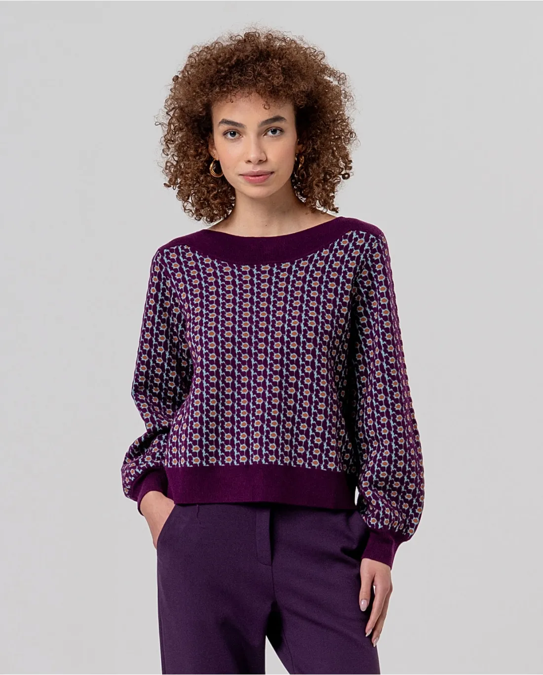 Boat Neckline Sweater with Jacquard - Paars