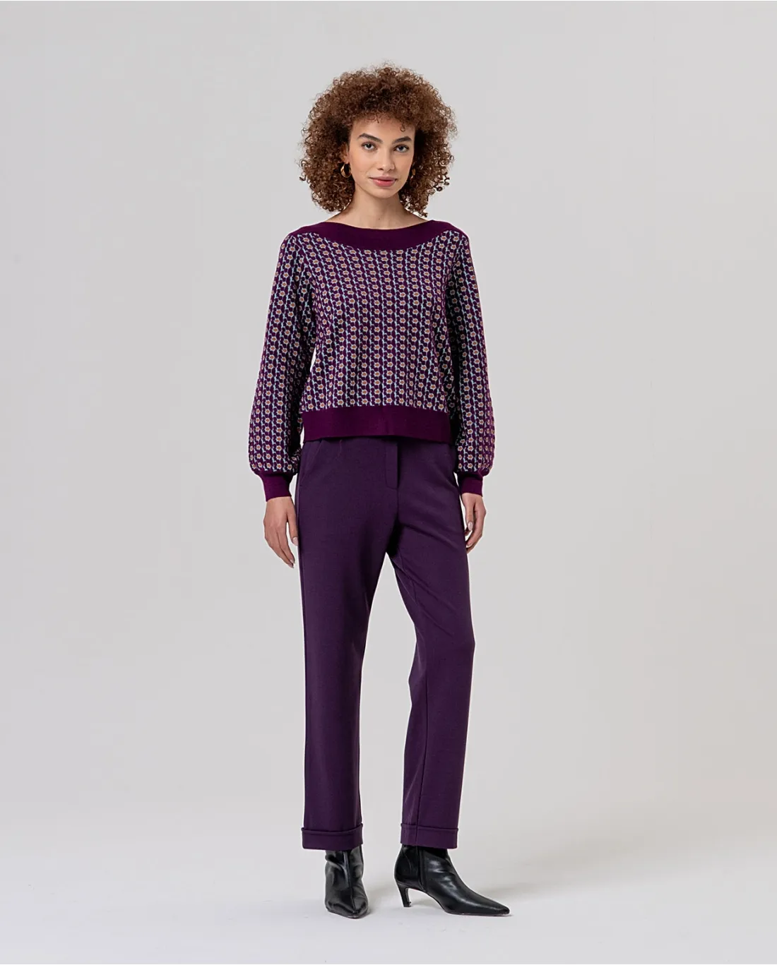 Boat Neckline Sweater with Jacquard - Paars - Afbeelding 4