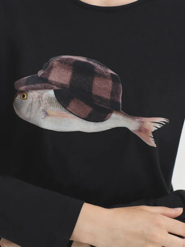 Overdyed T-shirt Wool Cap Fish - Zwart