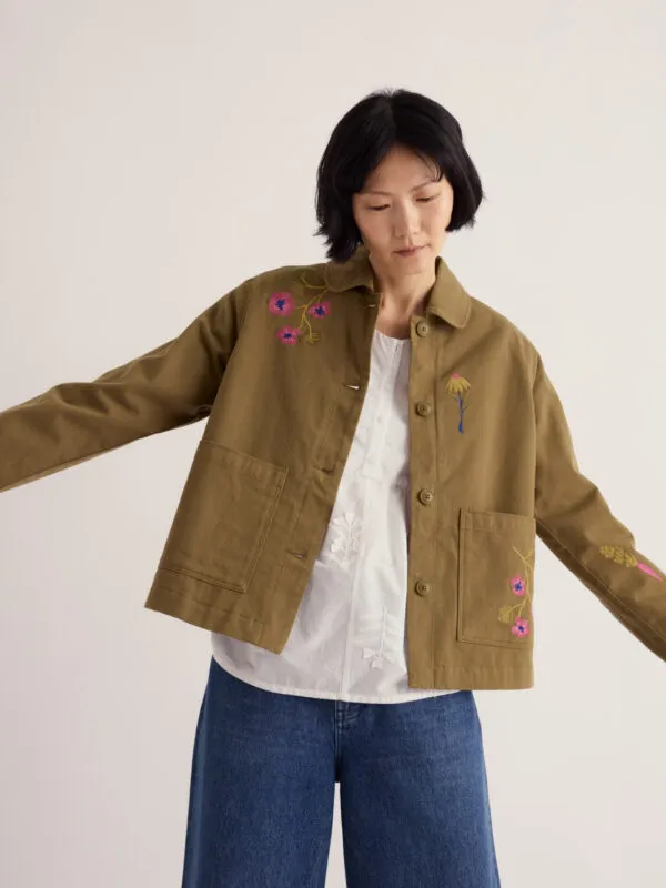 Porth Embroidered Jacket - Flora Embroidery Fern Moss