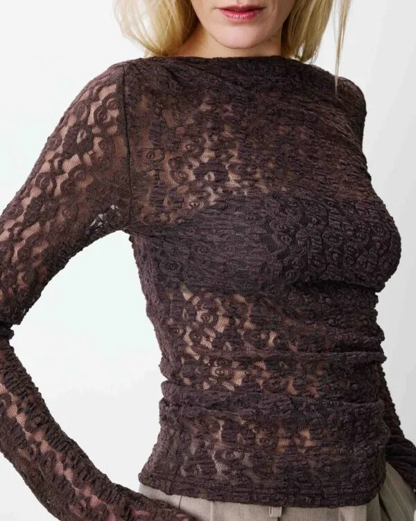 Longsleeve met plooi in taille van kant - Bruin