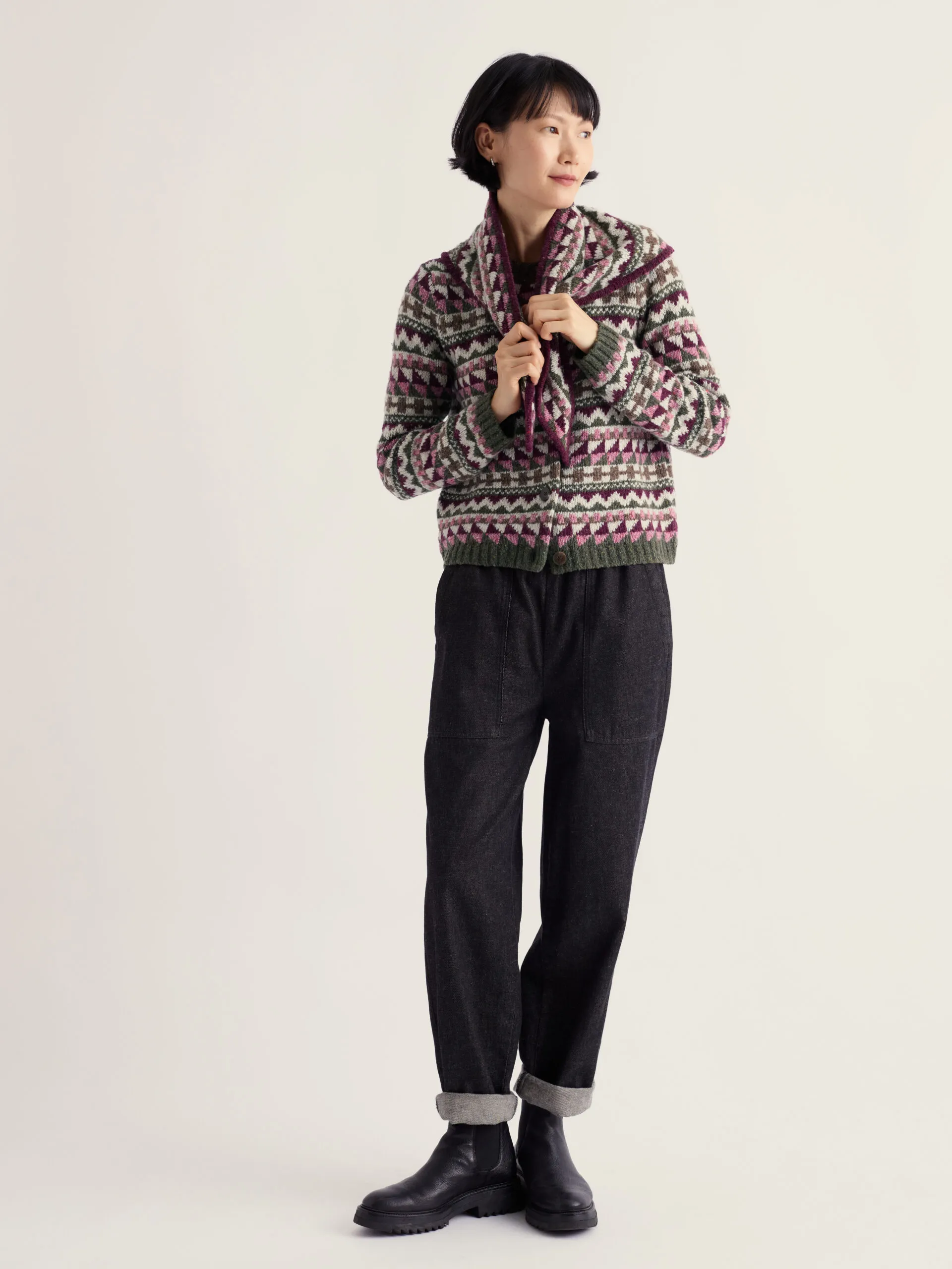 Dawson Pick Cardigan Fairisle Merino - Zig Zag Geo Dark Hellebore