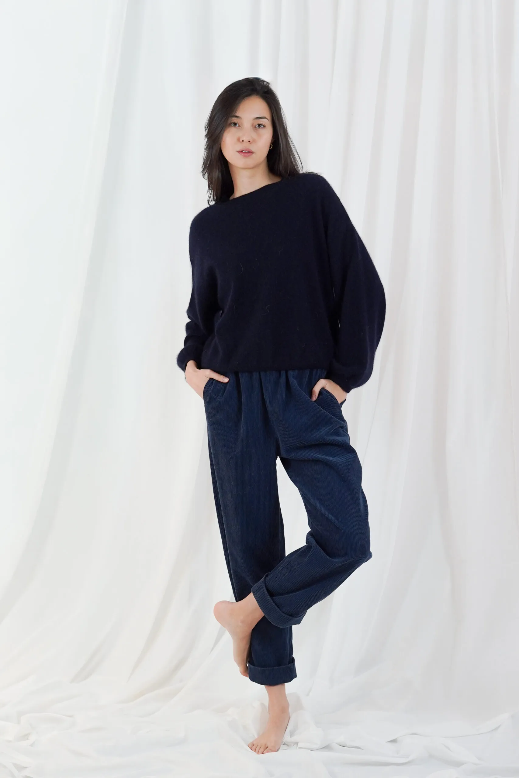 lomg puffed sleeves round neck jumper - Navy - Afbeelding 2