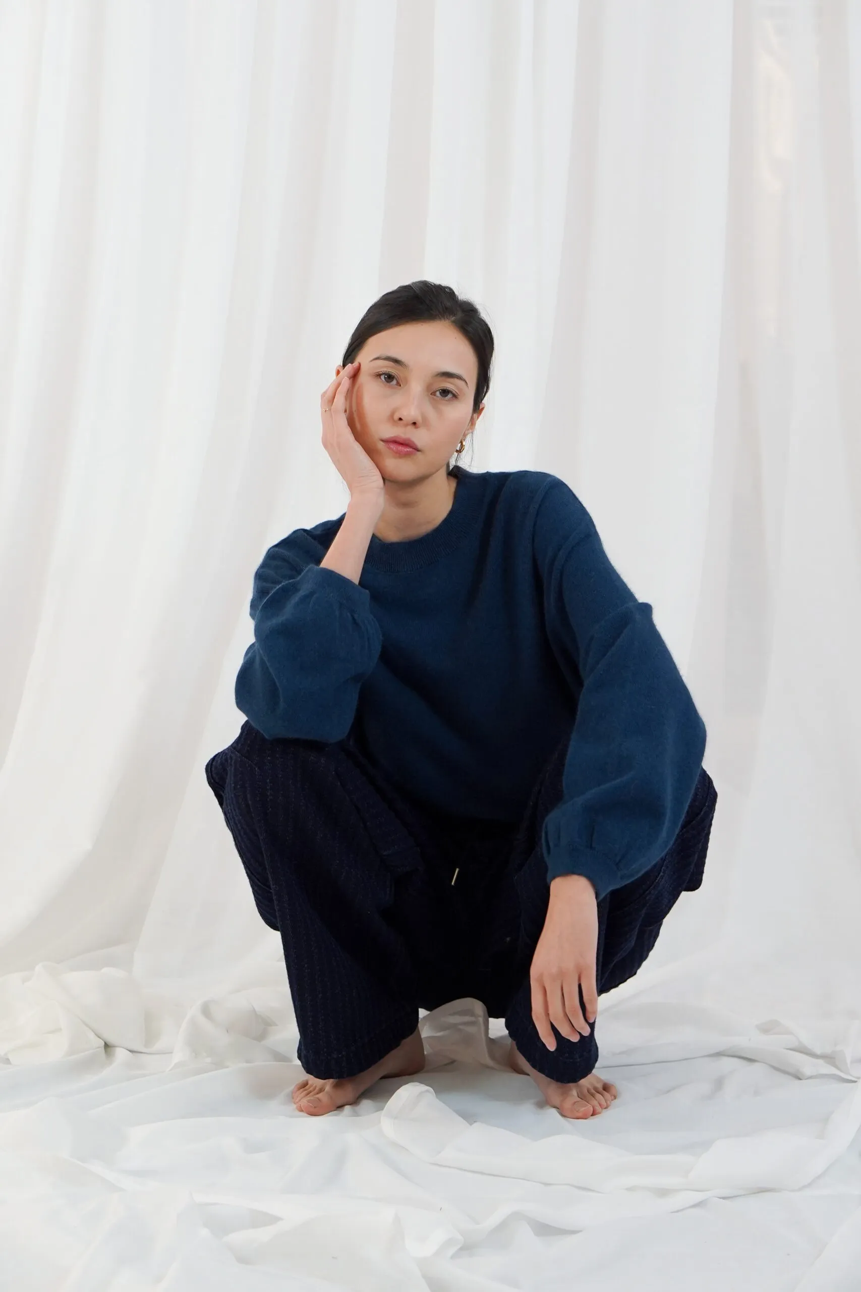 lomg puffed sleeves round neck jumper - Petrol Blue - Afbeelding 3