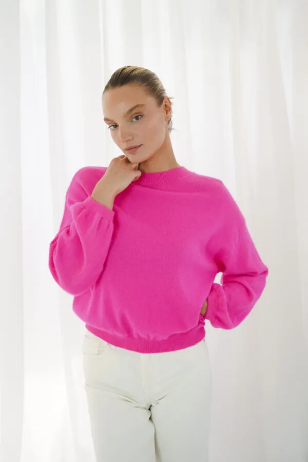 lomg puffed sleeves round neck jumper - Neon Pink
