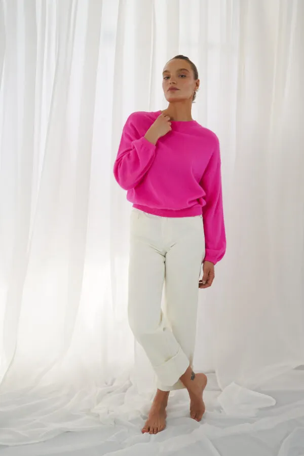 lomg puffed sleeves round neck jumper - Neon Pink