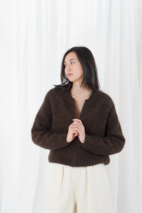 zip-up bomber cardigan round neck - Chocolate