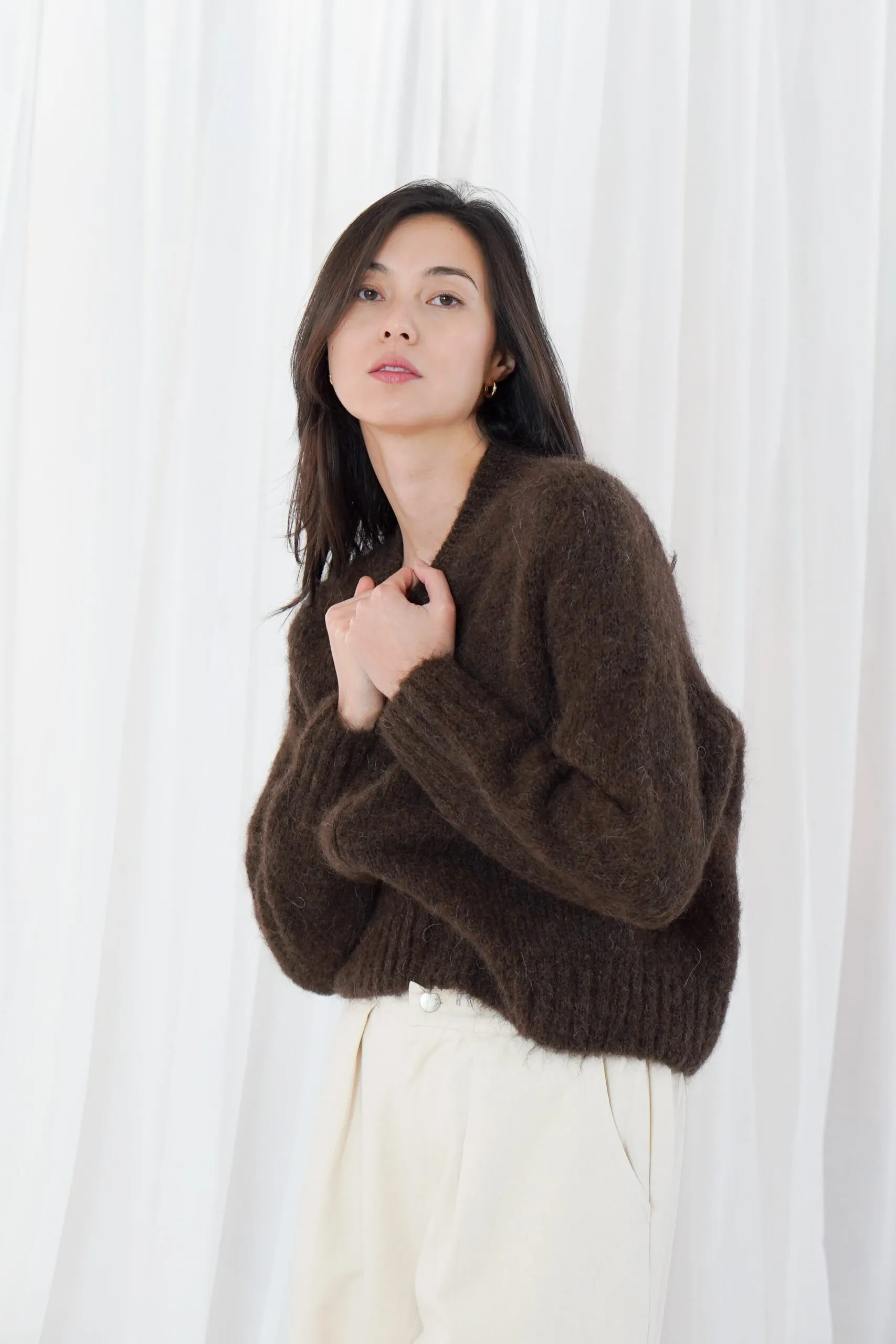 zip-up bomber cardigan round neck - Chocolate - Afbeelding 3