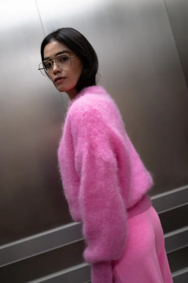 solid longe-sleeve round neck sweater - Bubblegum