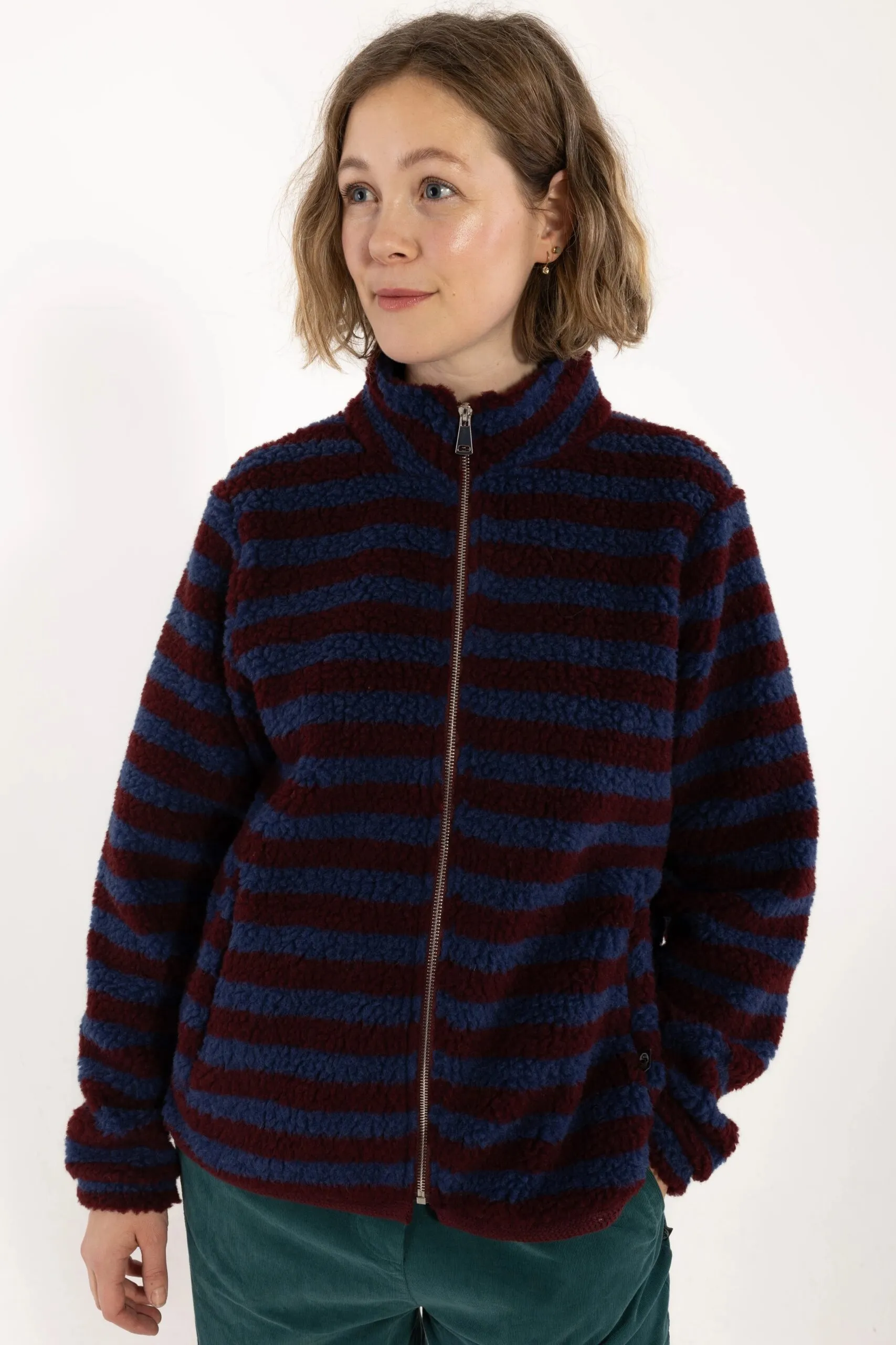 Danedada Fuzzy Wool Stripe Fleece Zip-Up - Dark Wine/Porcelaine - Afbeelding 3