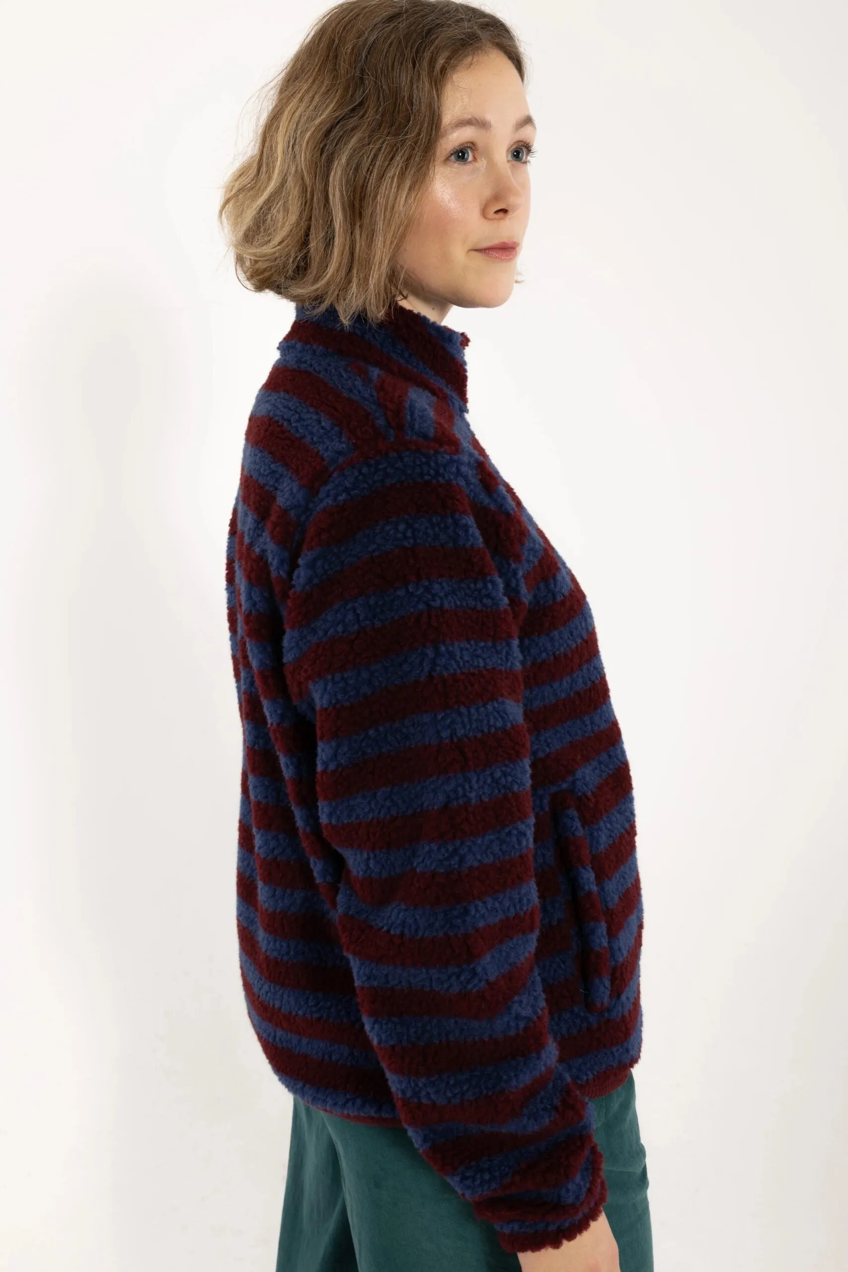 Danedada Fuzzy Wool Stripe Fleece Zip-Up - Dark Wine/Porcelaine - Afbeelding 4