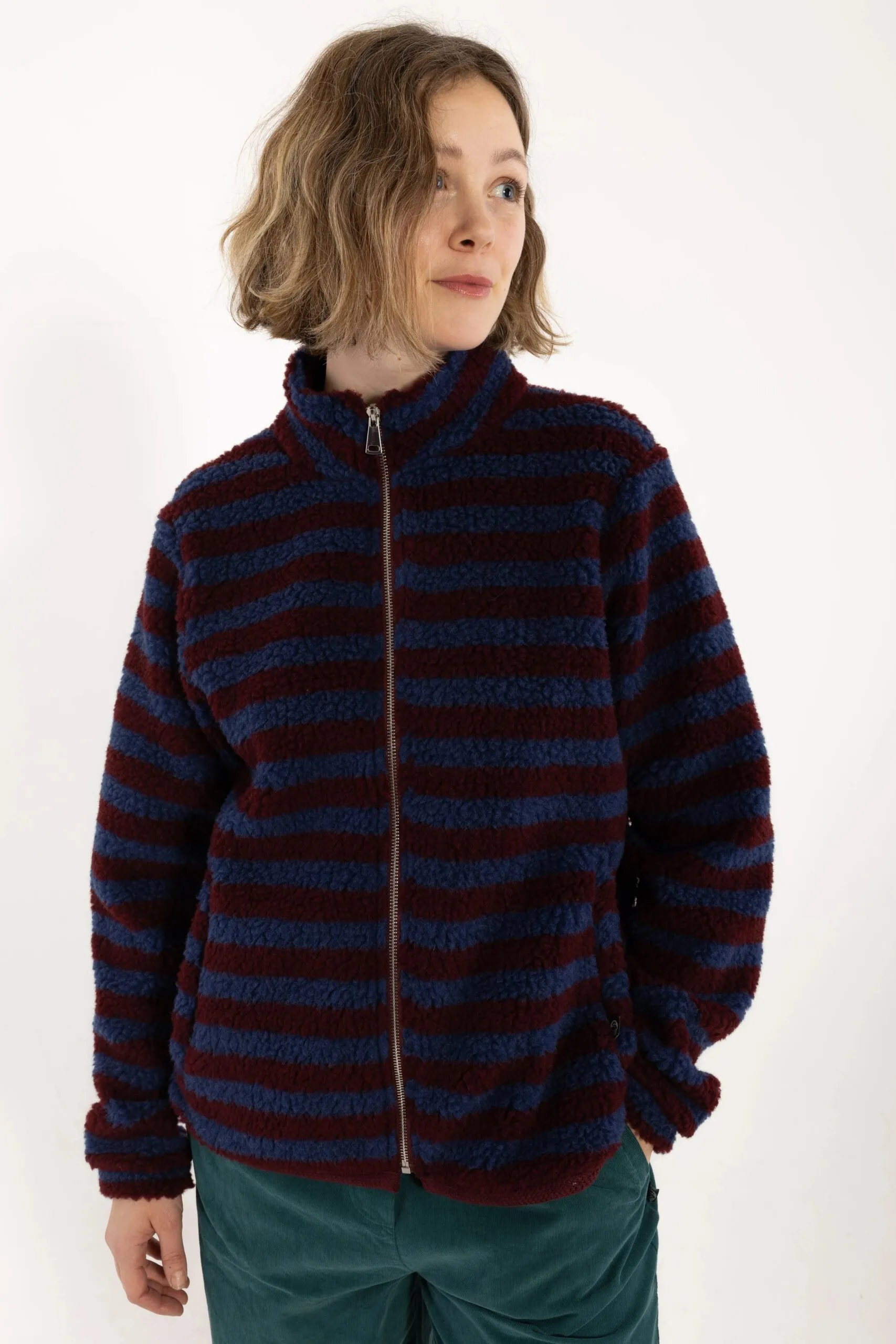 Danedada Fuzzy Wool Stripe Fleece Zip-Up - Dark Wine/Porcelaine - Afbeelding 5