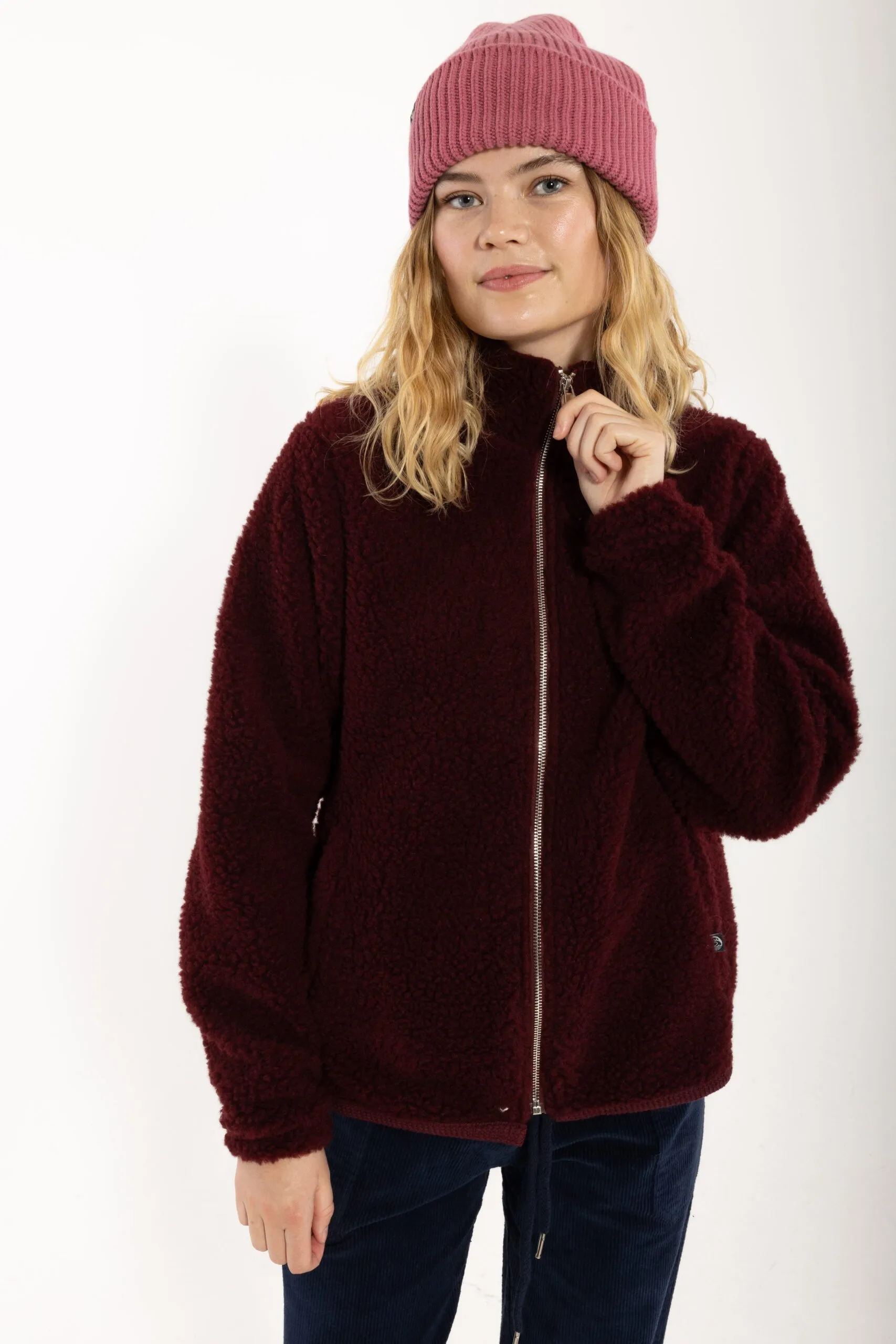 Danedada Fuzzy Wool Fleece Zip-Up - Dark wine