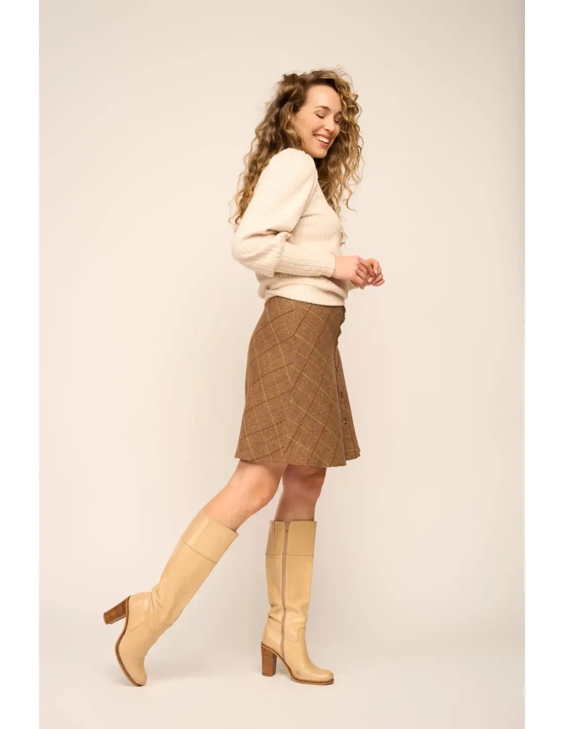 A-Line Button Skirt Tartan Tweed Caramel - Bruin