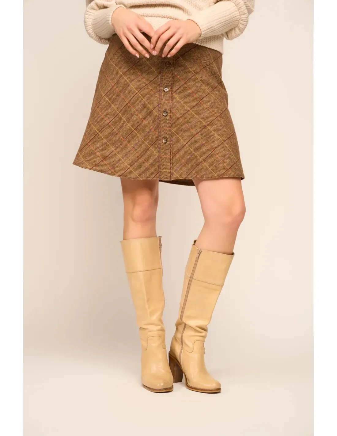 A-Line Button Skirt Tartan Tweed Caramel - Bruin - Afbeelding 2